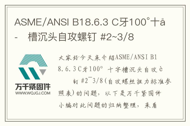 ASME/ANSI B18.6.3 C牙100°十字槽沉頭自攻螺釘 #2~3/8